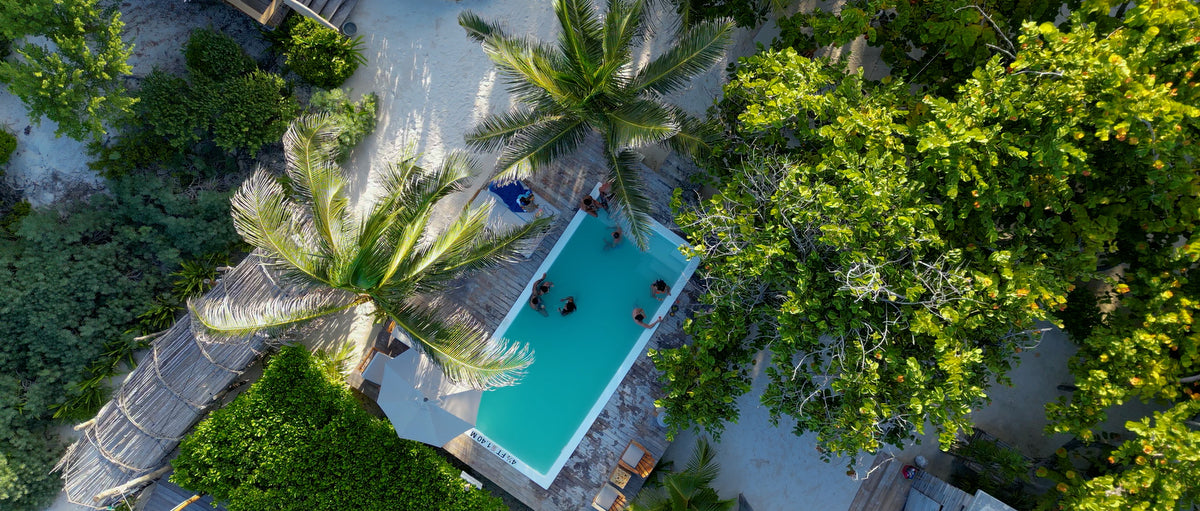 Drone view of guests in a turquoise pool framed by palm trees at Villa Pescadores Tulum