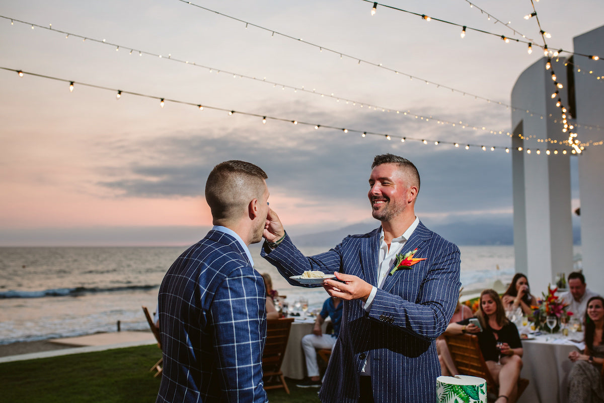 grooms in romantic photo lgbtq wedding at Vallarta