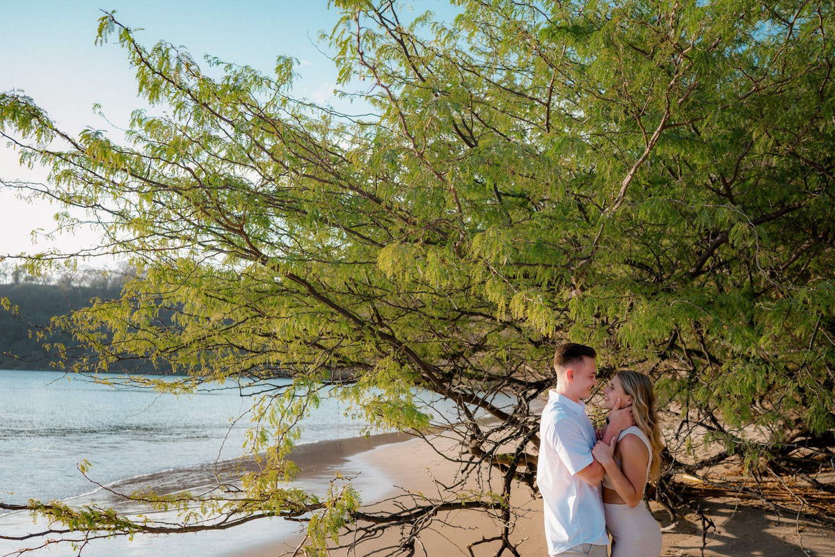 Photograph of couple embracing under a tree on the beach, captured by a DreamArt photographer