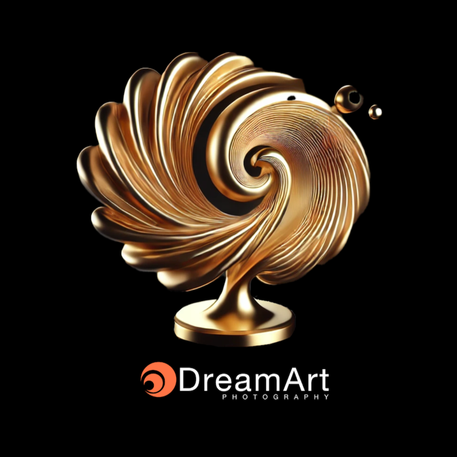 DreamArt Photography awards golden spiral trophy with logo on a black background
