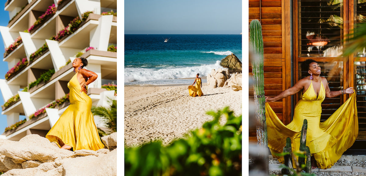 Mrs. Kent with an amazing yellow dress at Grand Velas Los Cabos