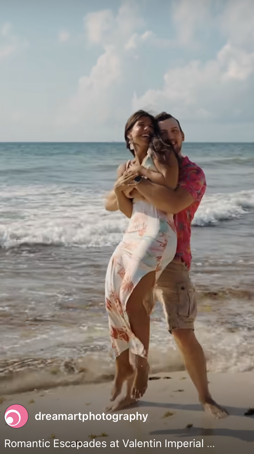 Couples film reel cover of a man hugging his partner from behind on a sunny beach