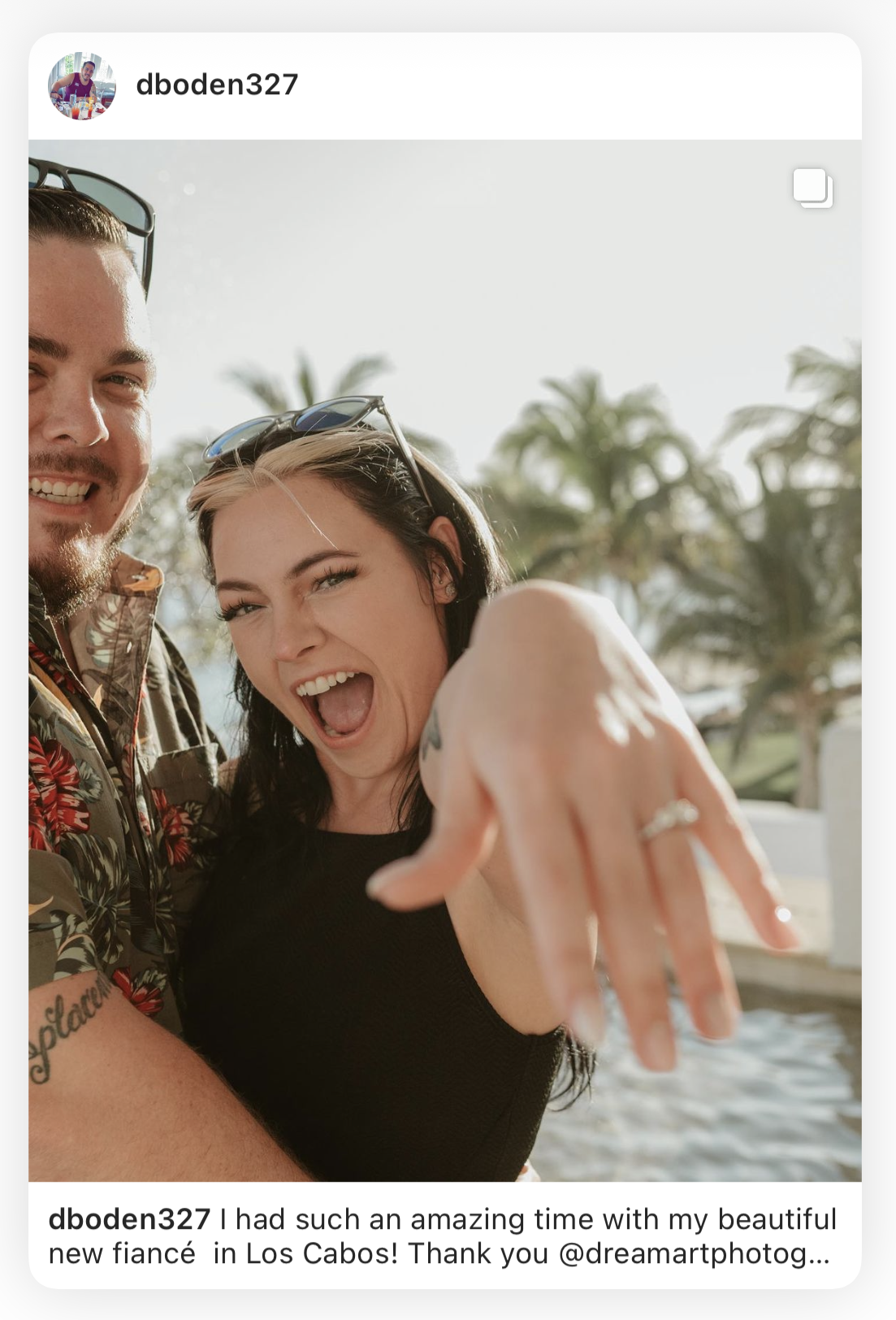 Instagram post of a newly engaged woman showing off her ring with her fiancé by a pool