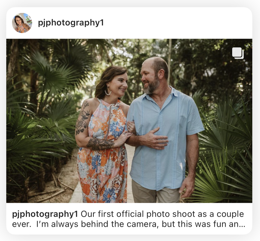 Client Instagram post of a couple walking arm in arm along a jungle path during their first couples photoshoot