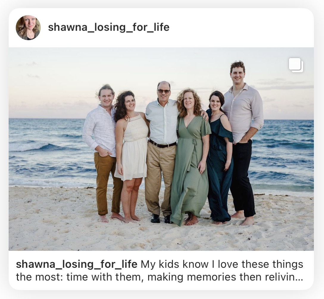 Instagram post of a family of six adults lined up on the beach at sunset
