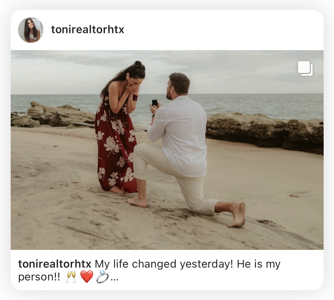 Instagram post of a surprise proposal with a man kneeling on the sand by the rocks