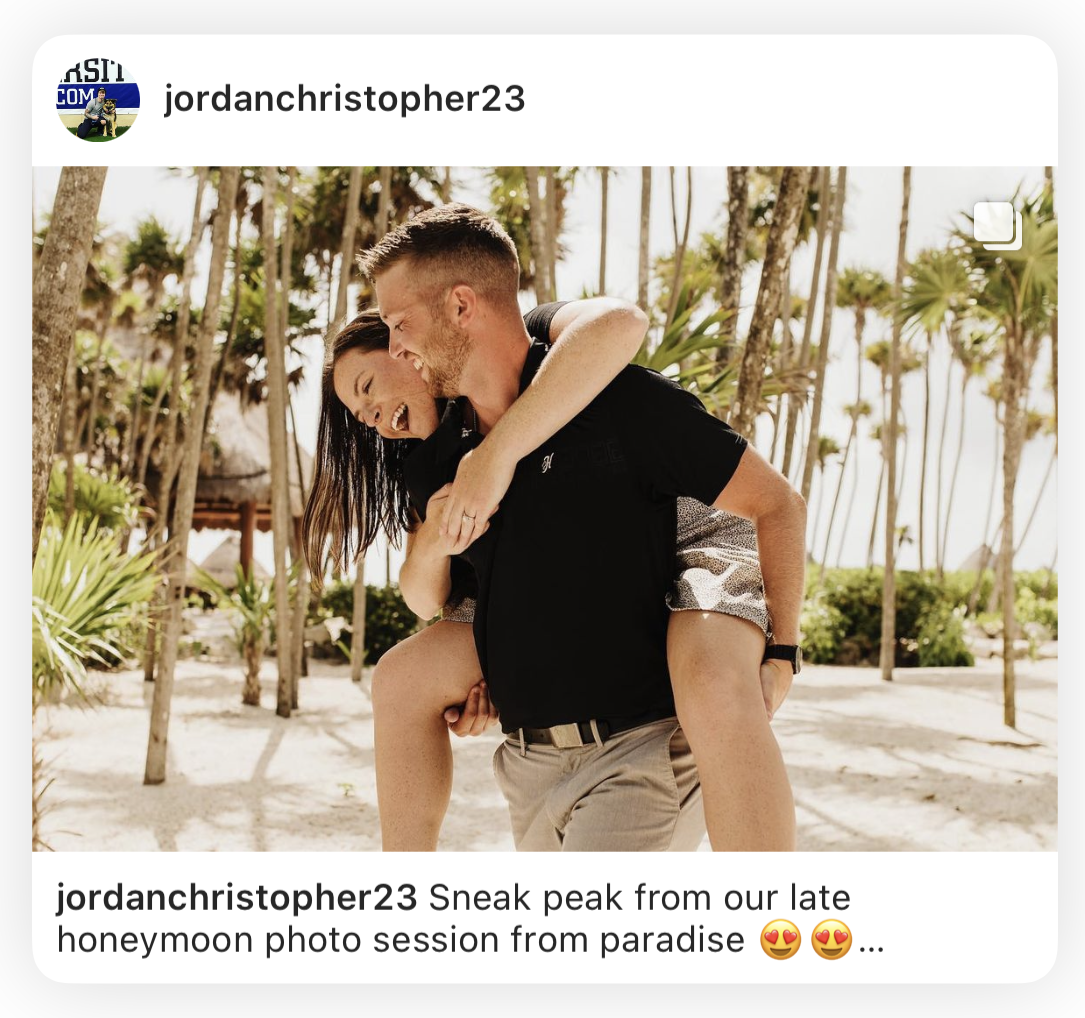 Honeymoon couple shares an Instagram post of the wife on her husband's back among palm trees