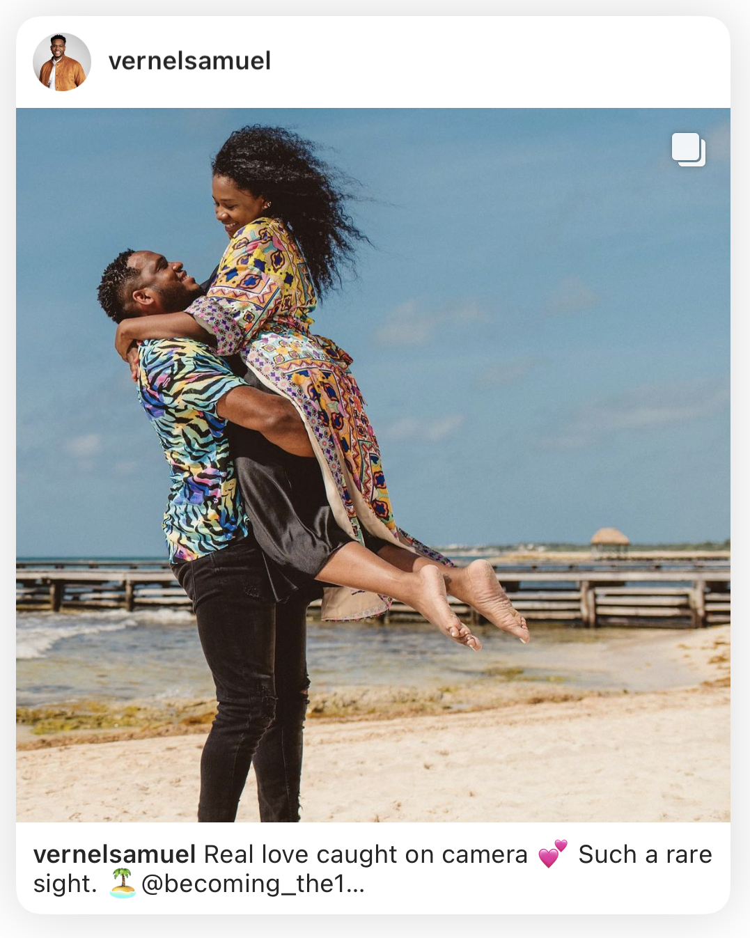 Client Instagram post of a man lifting his partner in colorful outfits on the beach by a pier