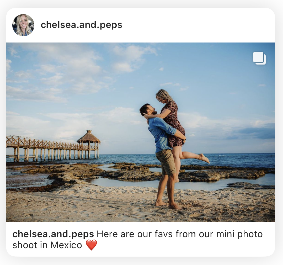Client Instagram post of a man lifting his partner on a rocky beach beside a wooden pier
