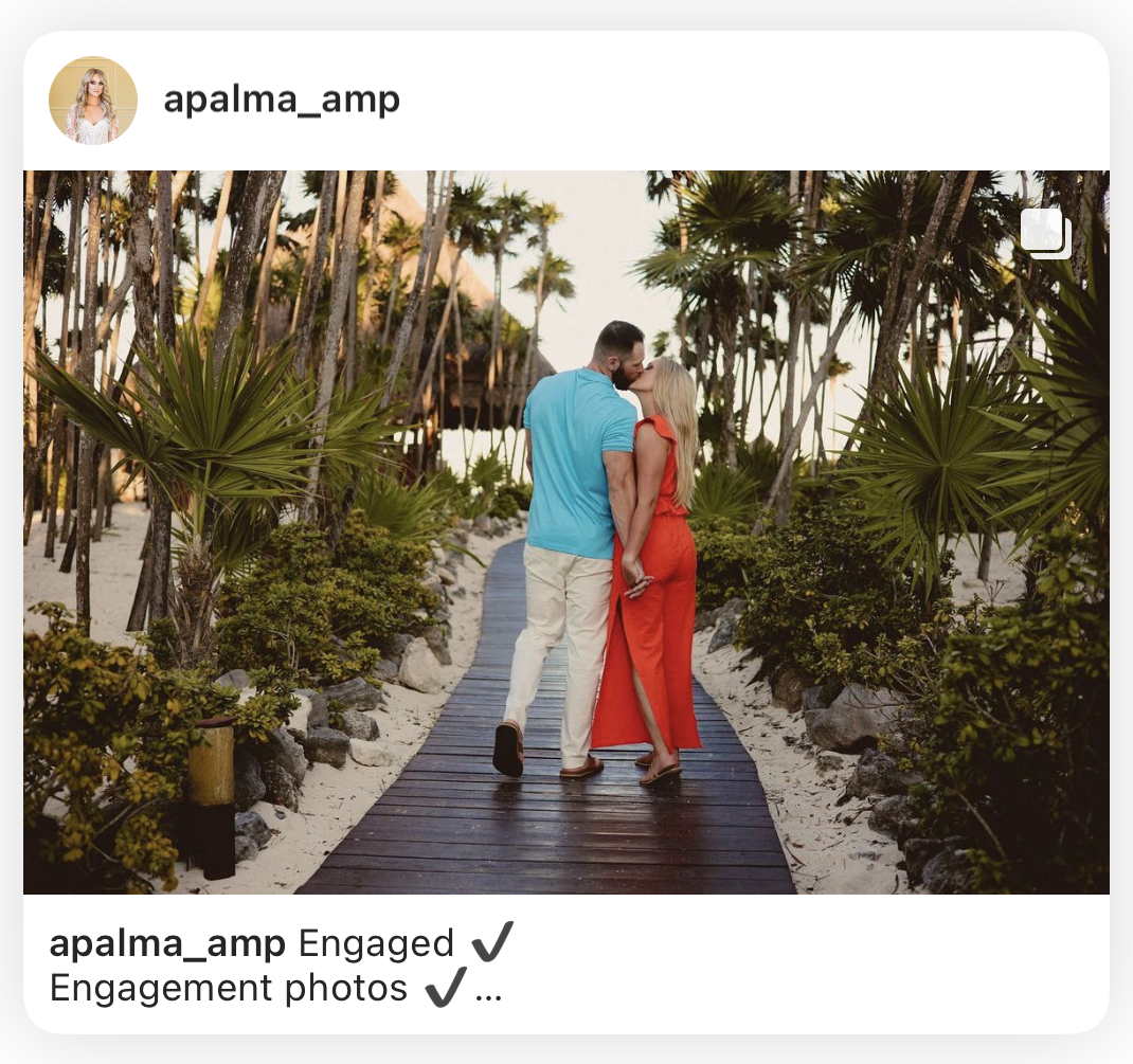 Engagement photoshoot shared on Instagram, couple kissing on a boardwalk lined with palms
