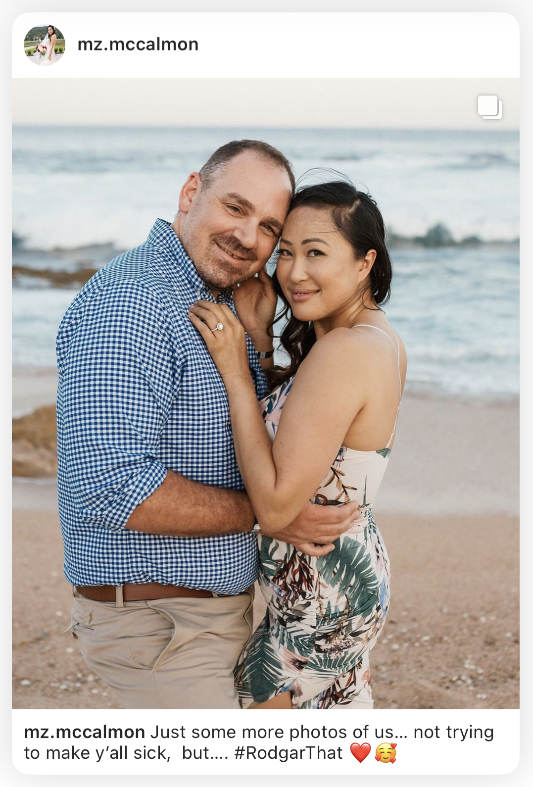 Instagram post of a smiling couple holding each other on the beach at golden hour