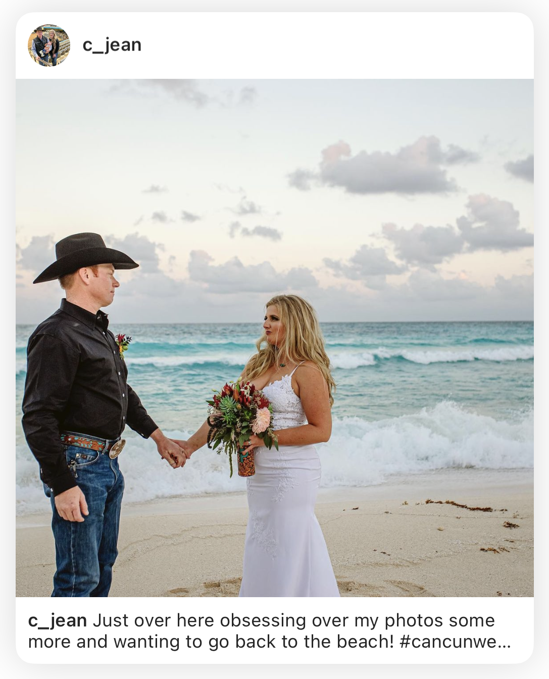 Instagram post of a bride and groom in a cowboy hat holding hands on the beach