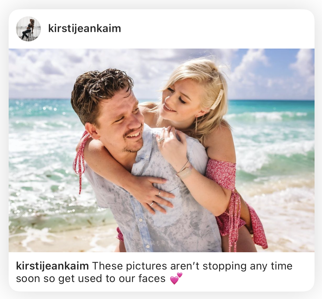 Client Instagram post of a woman hugging her partner from behind on a turquoise Caribbean beach