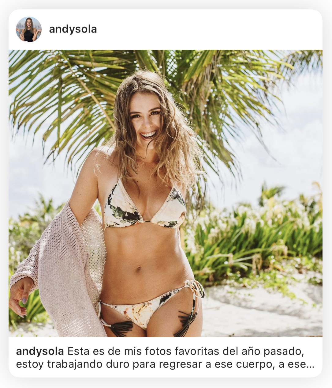 Client Instagram post of a smiling woman in a bikini posing under palm trees on the beach