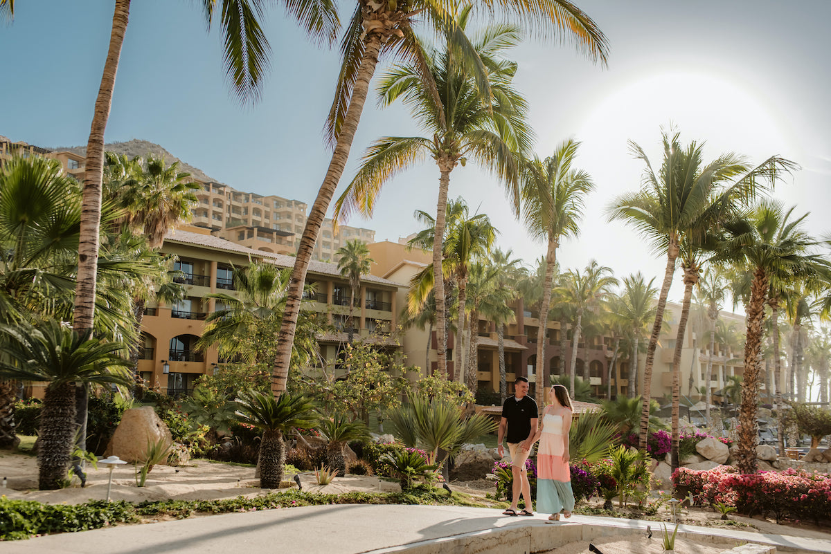 Couple walking through hotel