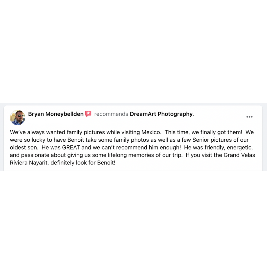 Customer review praising a DreamArt family photoshoot at Grand Velas Riviera Nayarit