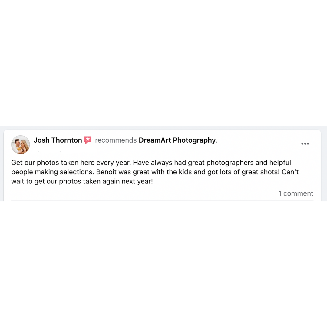 Returning customer review saying their family books DreamArt photos every year