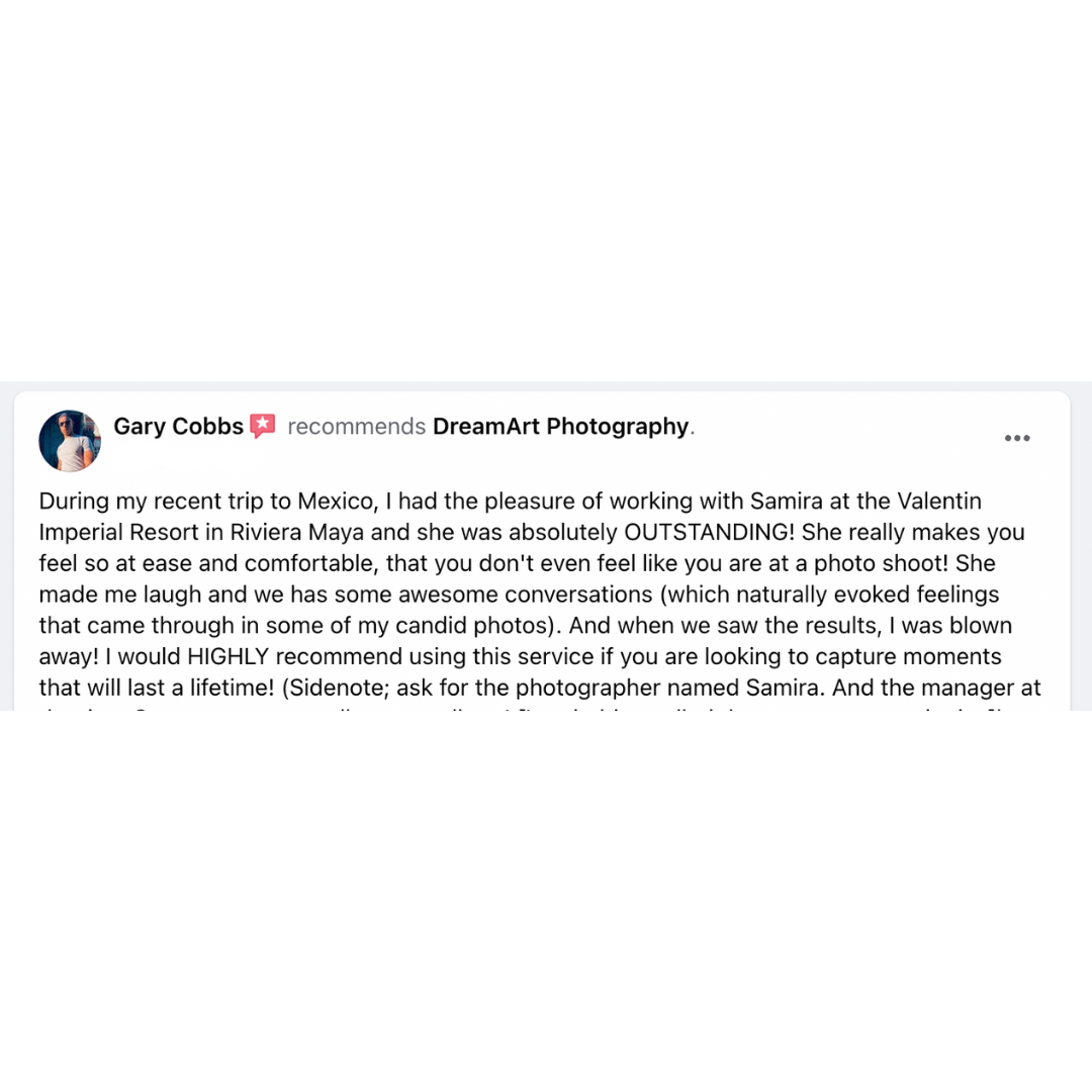 Customer review praising a photographer at Valentin Imperial Riviera Maya for a relaxed photoshoot