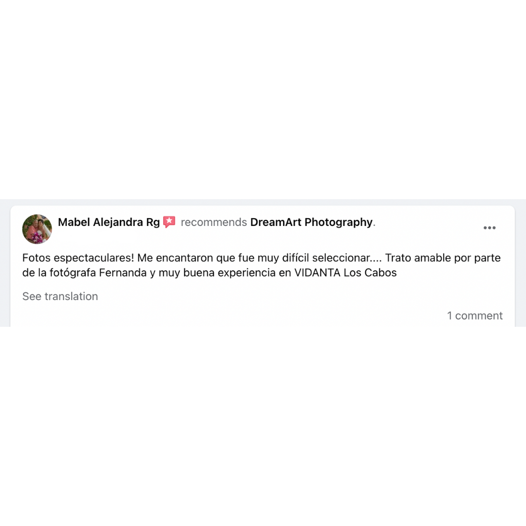 Spanish-language customer review praising a DreamArt photoshoot at Vidanta Los Cabos