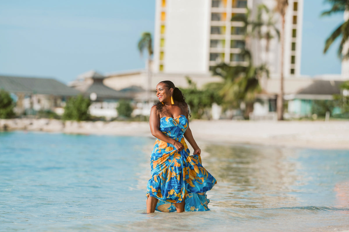 Photoshoot of a woman in a dress at the Secrets St. James Montego Bay in Jamaica