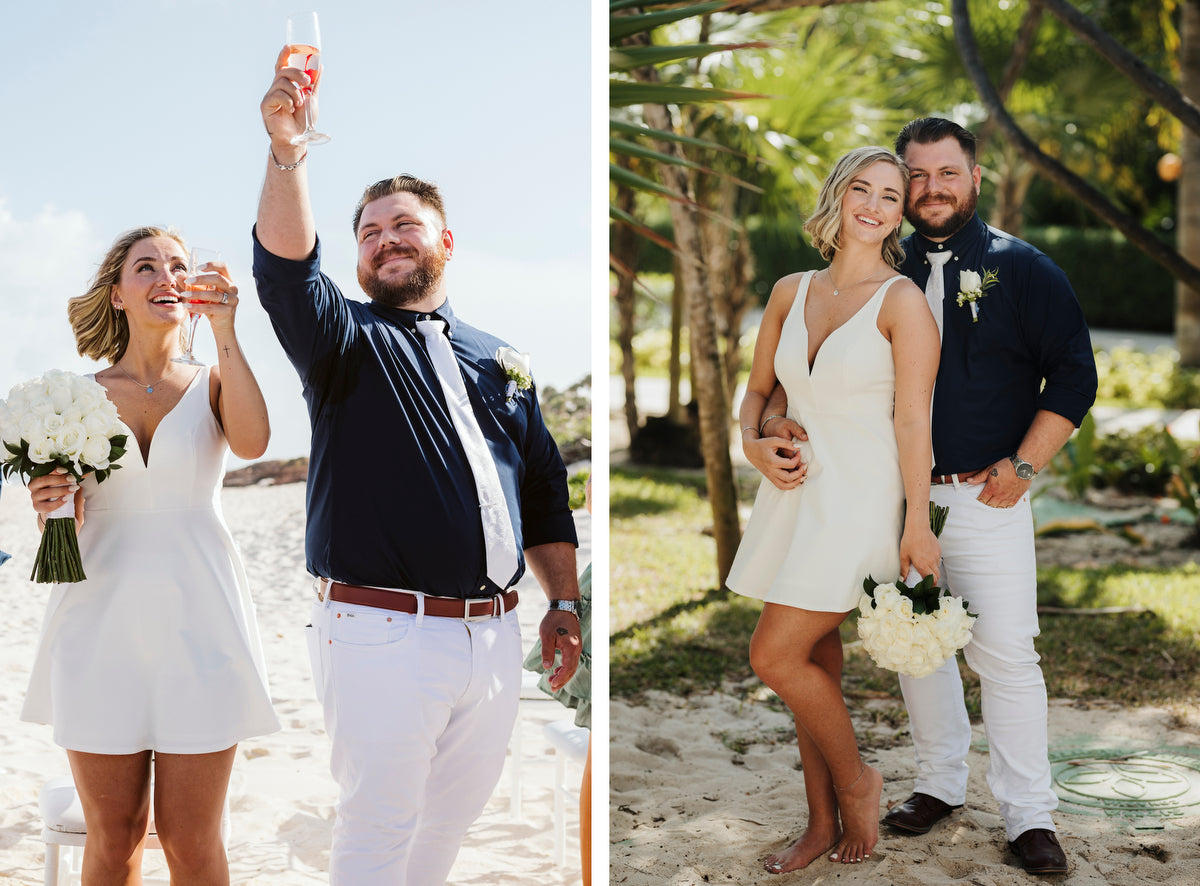Bride with short dress with the groom at Valentin Imperial Riviera Maya