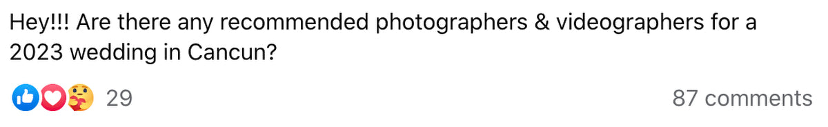 Facebook post for photography recommendations wedding cancun
