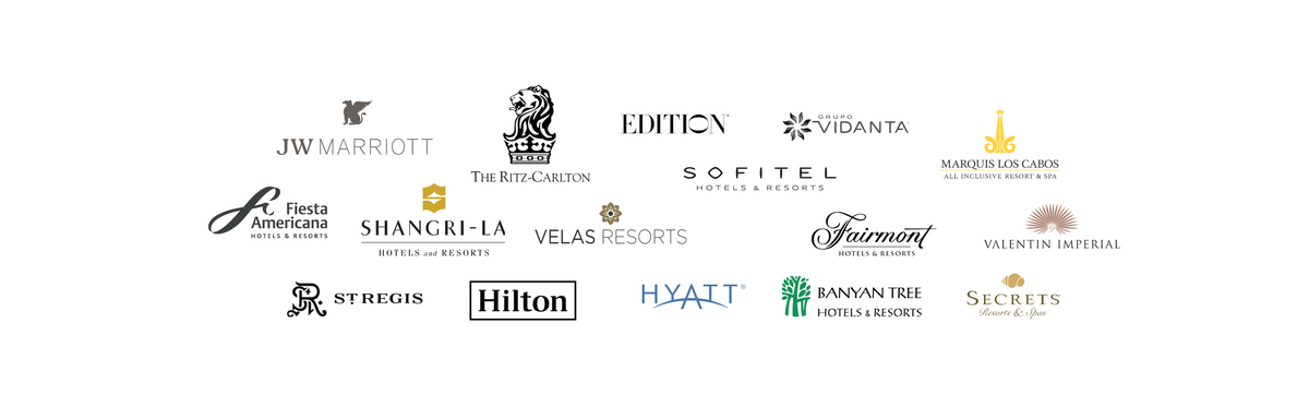 Logos of partner hotel brands including JW Marriott, The Ritz-Carlton, Hyatt, Hilton and Fairmont
