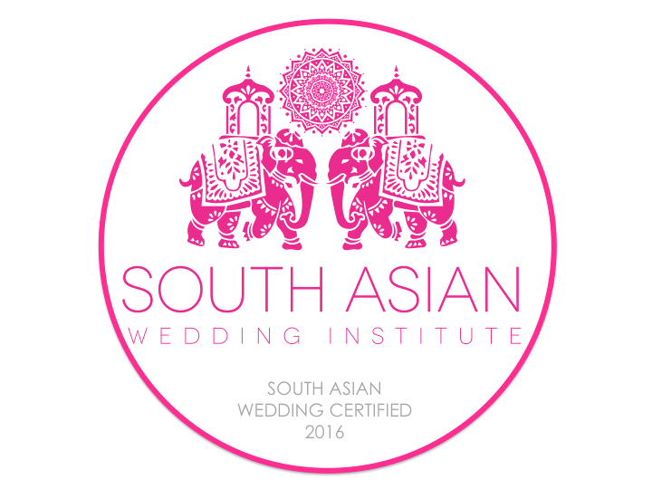 South Asian Wedding Institute certified 2016 badge with two pink elephants
