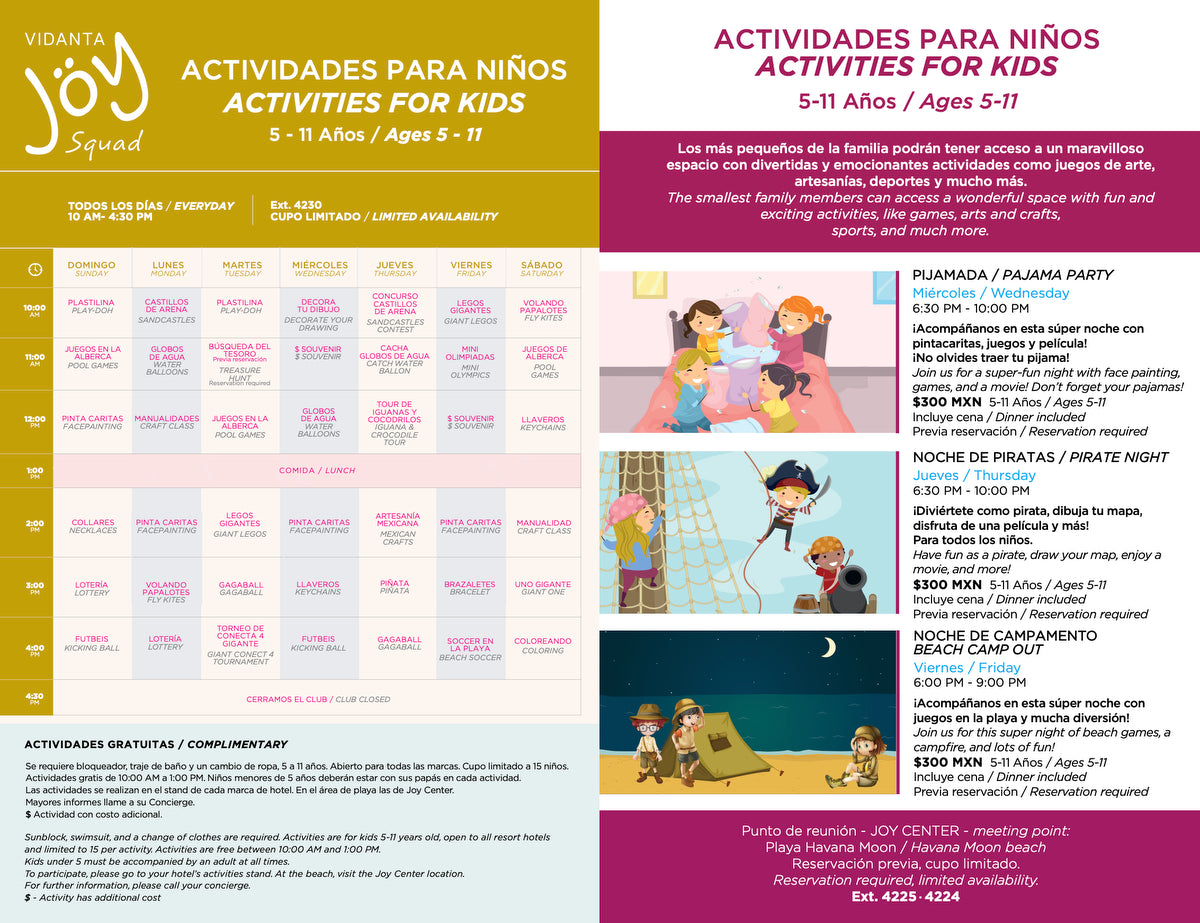 Schedule for activities for kids at Vidanta Riviera Maya
