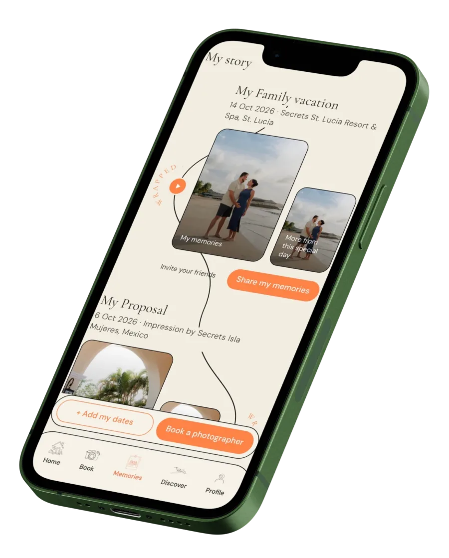 The DreamArt app's My story screen: a family vacation and a proposal, each with its photos, linked by a single thread